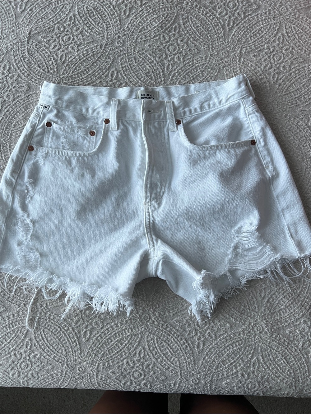 Citizens of Humanity White High Rise Distressed Denim Shorts 27 Frayed Hem